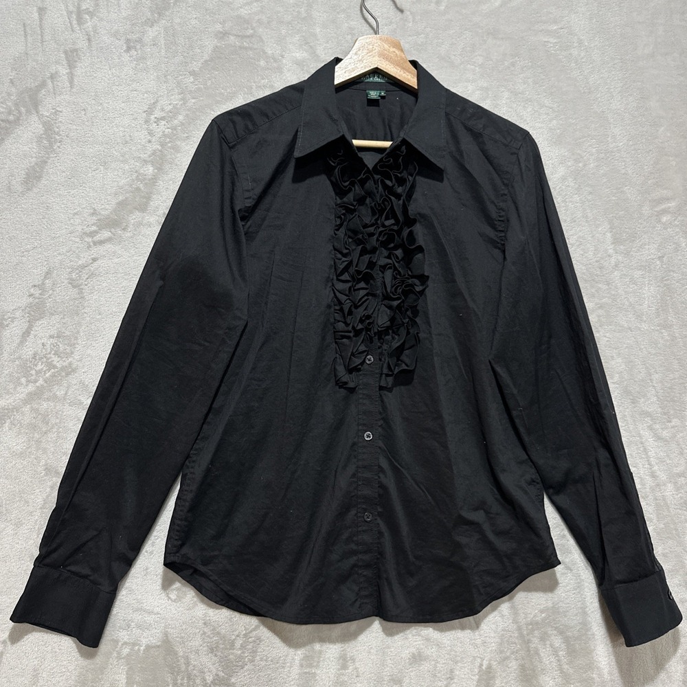 Lauren Ralph Lauren Ruffle Front Shirt Women's M Black Button‎ Down Long Sleeve